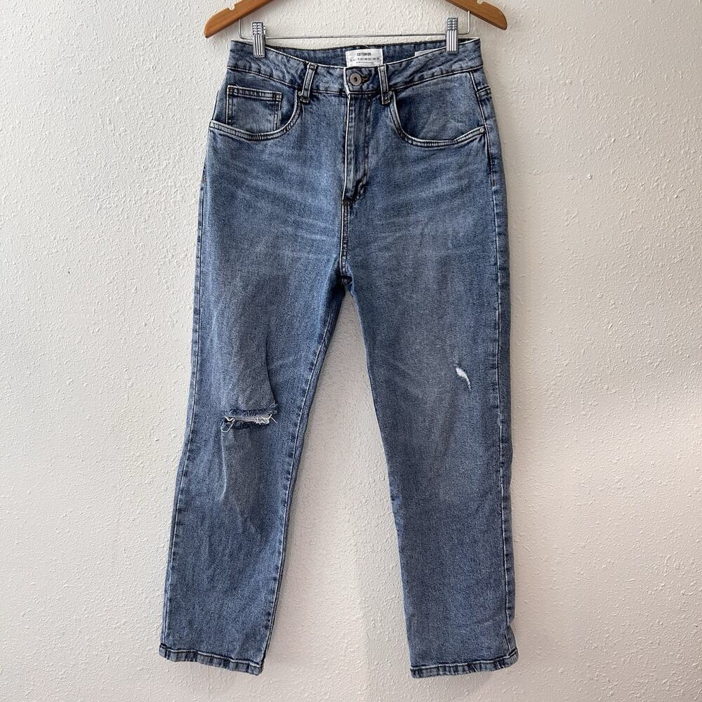 Cotton On Women's Straight Leg Stretch Denim Mom Jeans Blue Button Size 8